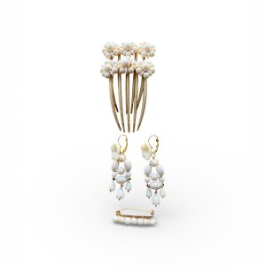 Conjunto Flamenco Flores Hueso y Oro: Peina, Pendientes y Broche para Feria