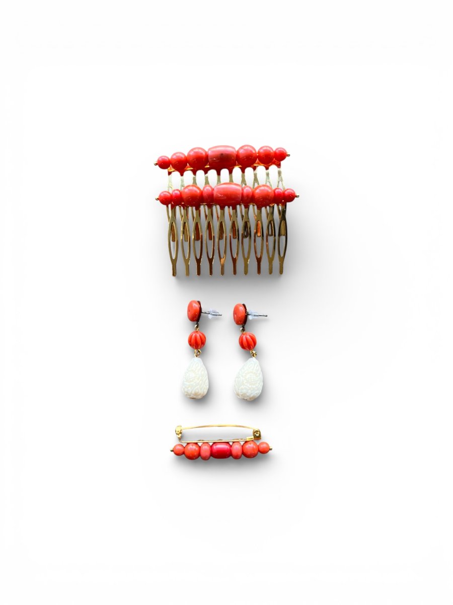 Conjunto Flamenco de Pecina, Pendientes y Broche Coralina y Hueso - Imagen 2