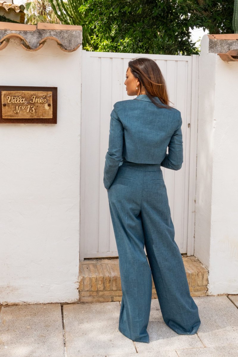 Chaqueta Lino Azul y Gris Asimétrica - Imagen 4