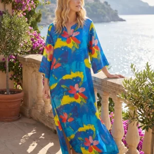 Kaftan largo de seda azul flores manga corta