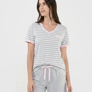 Pijama mujer corto manga corta rayas gris