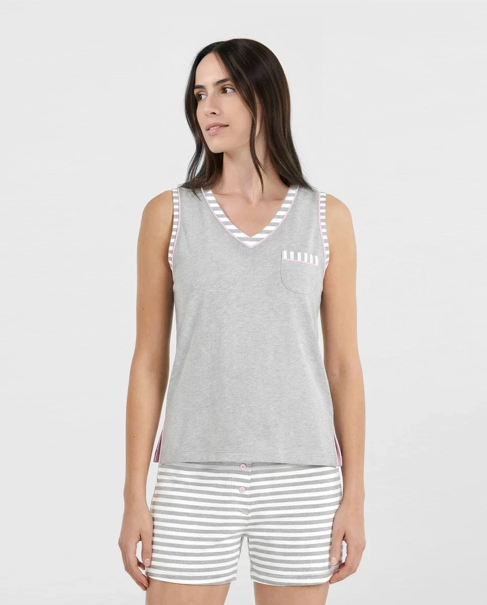 Pijama de mujer corto sin mangas rayas gris - Imagen 2