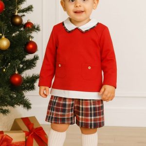 Conjunto navideño bebé niño BabyFer con camisa roja y pantalón de cuadros