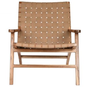 Butaca de diseño en teca con asiento de piel trenzada