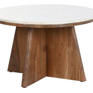 Mesa de Centro Redonda de Mármol Blanco y Acacia