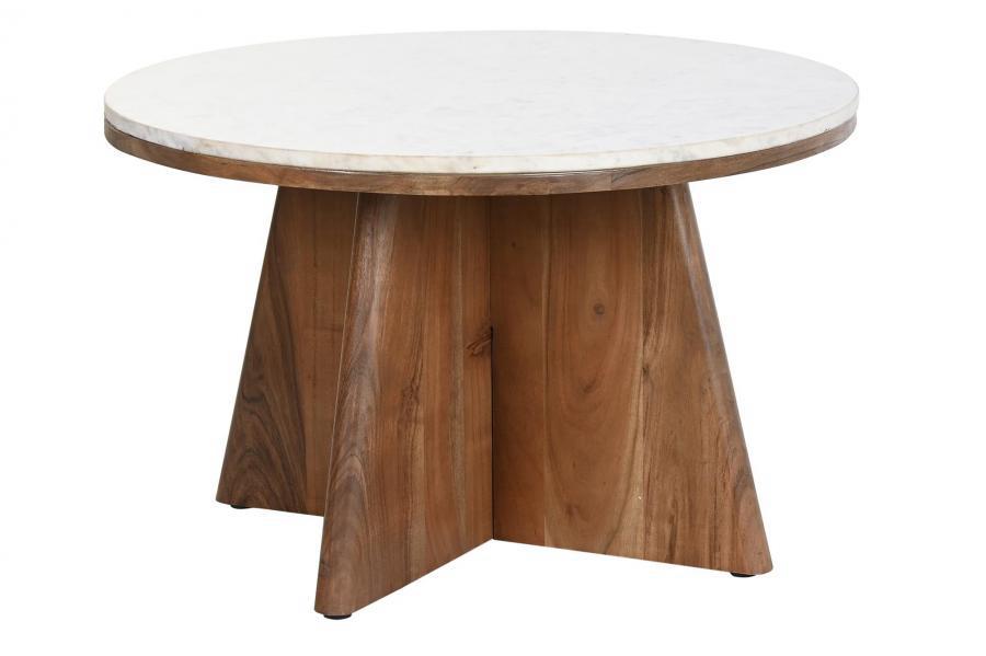 Mesa de Centro Redonda de Mármol Blanco y Acacia