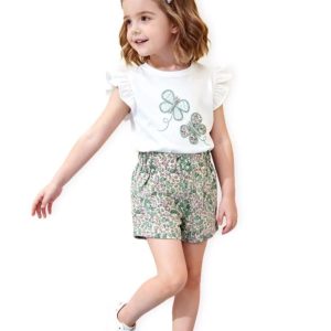 Conjunto de niña blanco con mariposas y short floral verde