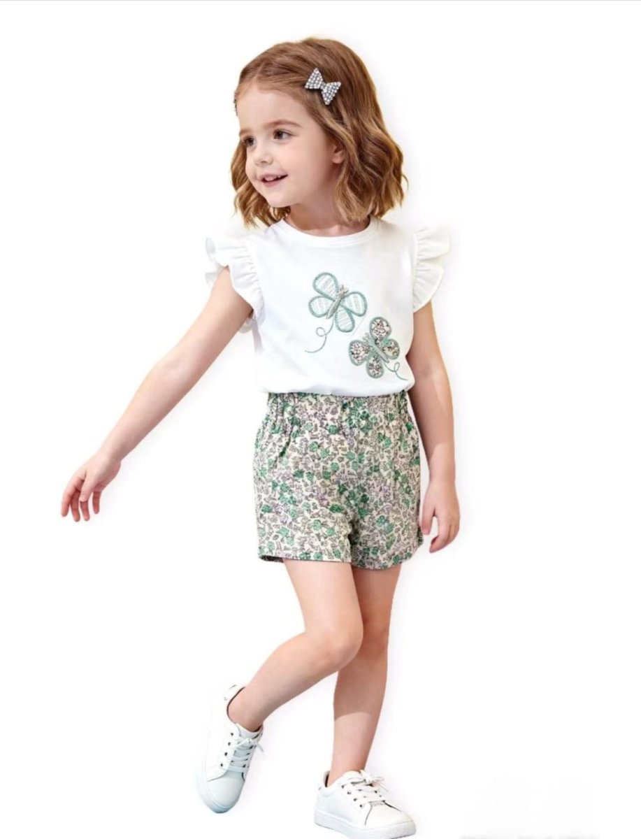 Conjunto de niña blanco con mariposas y short floral verde