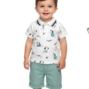Conjunto bebé niño polo estampado perros y bermuda verde