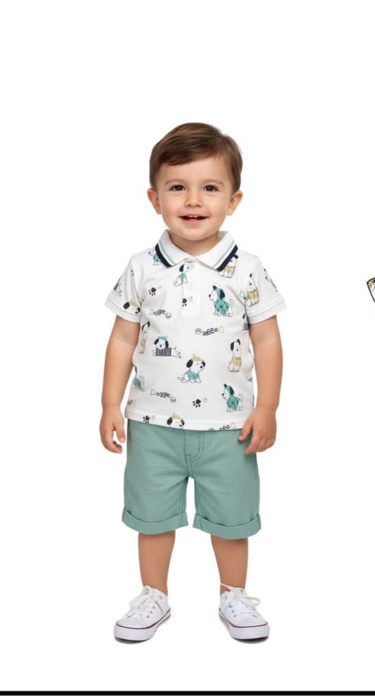 Conjunto bebé niño polo estampado perros y bermuda verde - Imagen 2