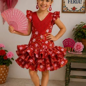 Vestido flamenca niña rojo estampado floral con flecos