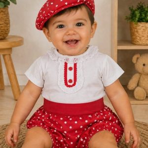 Conjunto flamenco bebé rojo de lunares con boina