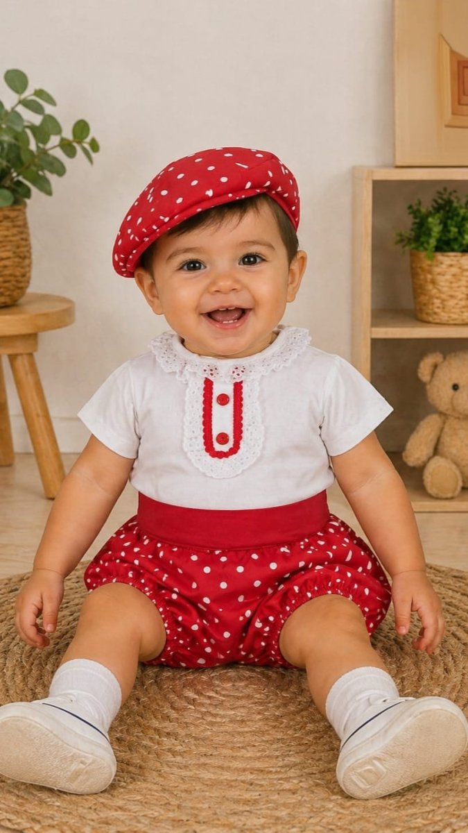 Conjunto flamenco bebé rojo de lunares con boina