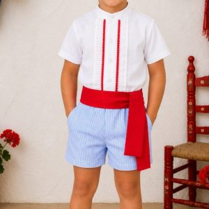 Conjunto flamenco niño celeste rayado con fajín rojo