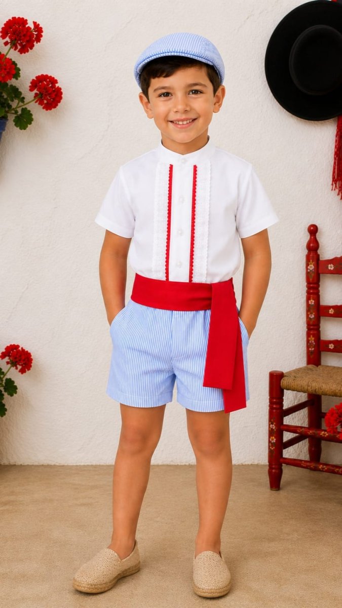 Conjunto flamenco niño celeste rayado con fajín rojo - Imagen 2