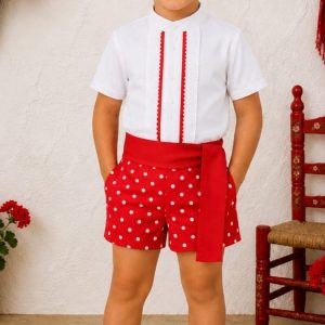 Conjunto flamenco niño rojo de lunares con fajín rojo