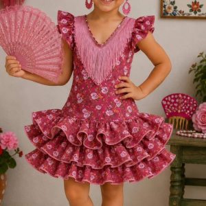 Vestido flamenca niña rosa estampado floral con flecos