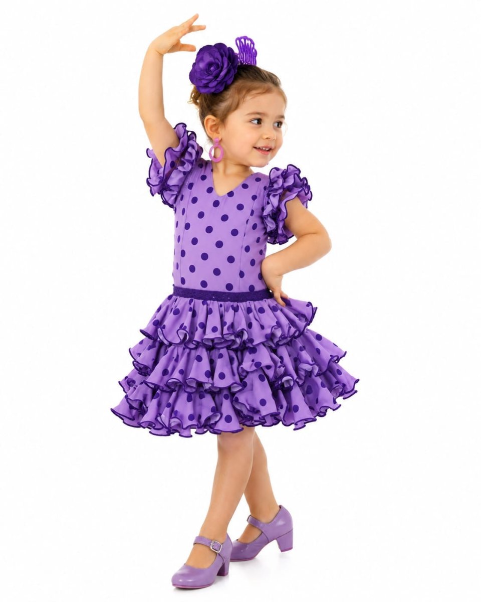 Vestido de flamenca infantil morado de lunares - Imagen 2