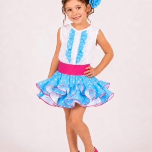 Conjunto flamenco para niña – Celeste con lunares y fajín fucsia