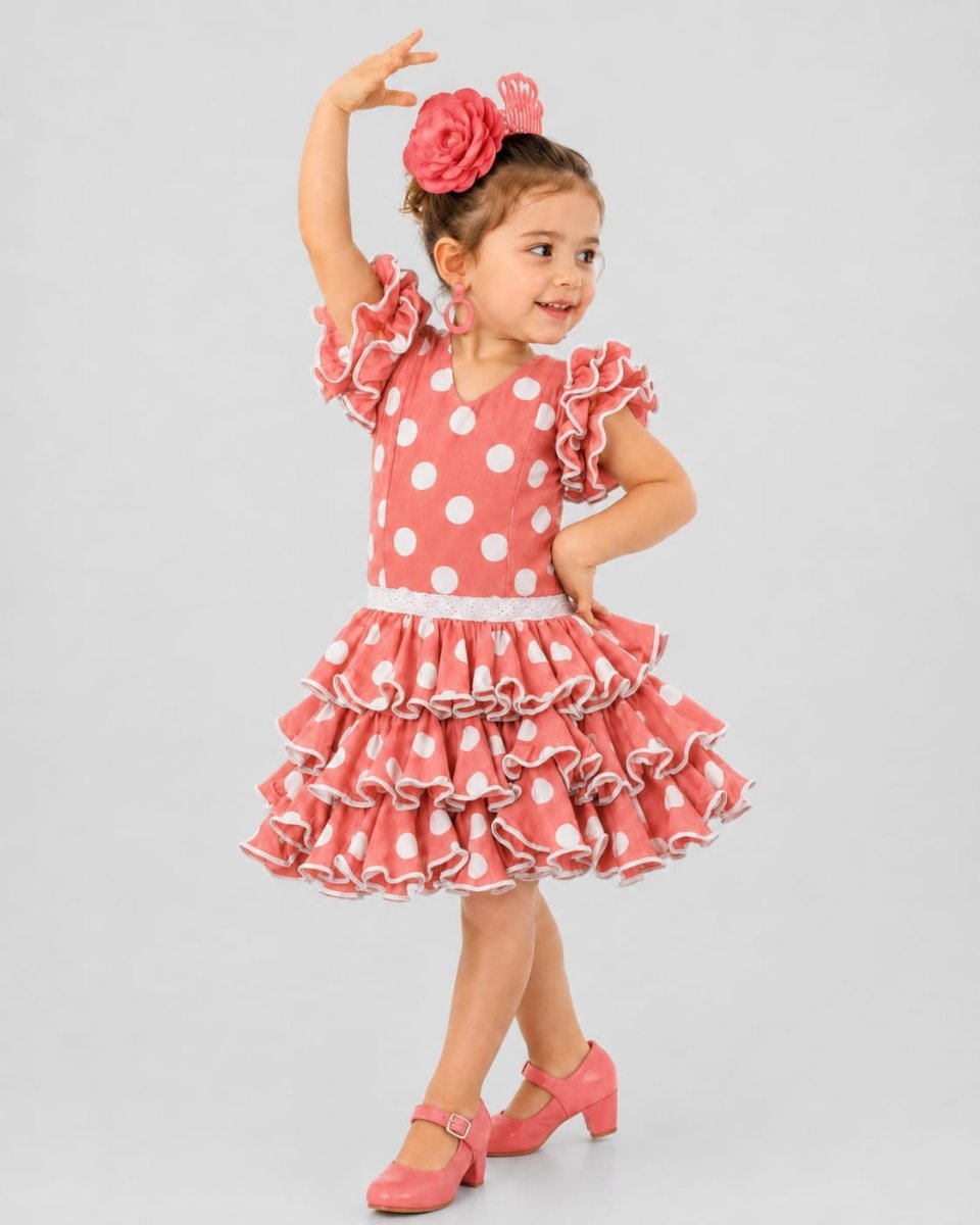 Vestido de flamenca infantil coral de lunares - Imagen 2