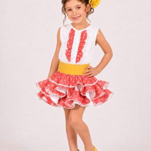 Conjunto flamenco para niña – Coral con lunares y fajín amarillo