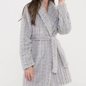 Bata cruzada corta mujer gris jacquard cuadros