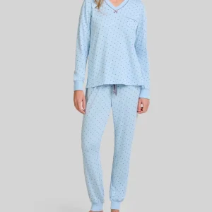Pijama mujer vigoré celeste a topos cuello pico