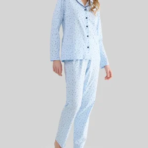 Pijama mujer camisero celeste estampado florecitas