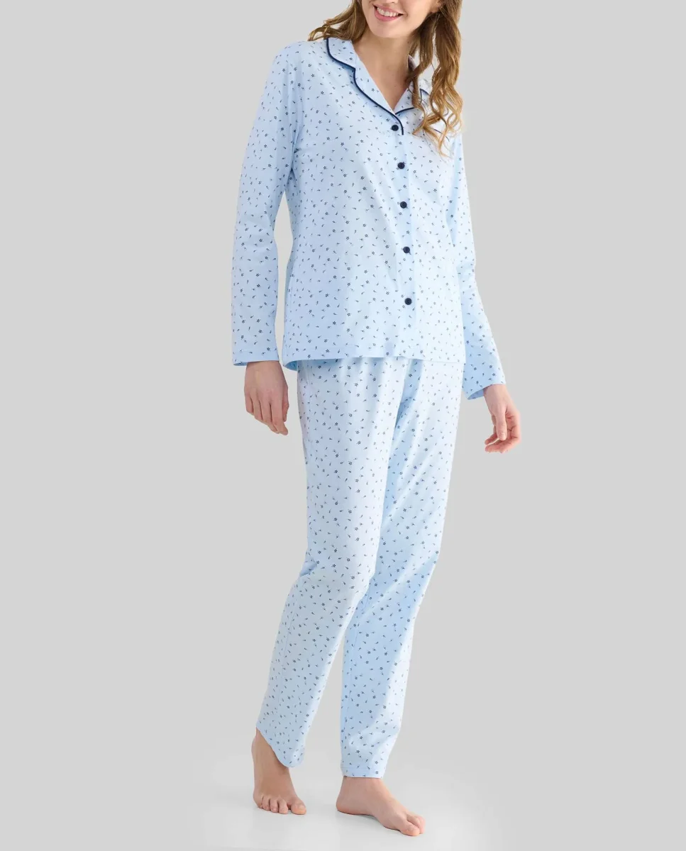 Pijama mujer camisero celeste estampado florecitas - Imagen 2