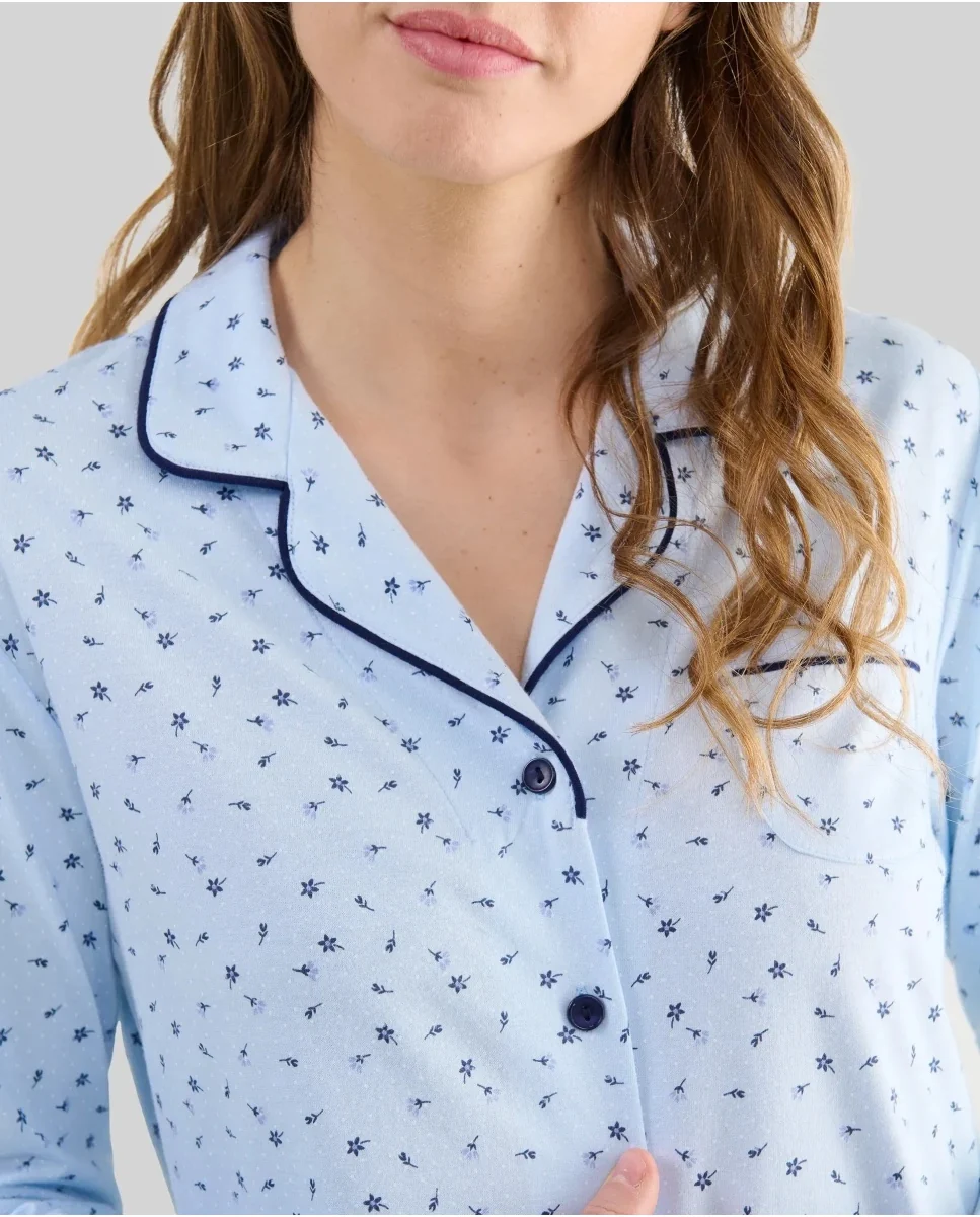 Pijama mujer camisero celeste estampado florecitas - Imagen 3