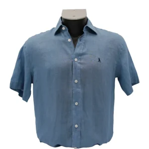 CAMISA LINO MANGA CORTA LISA DE COLOR AZUL ÍNDIGO