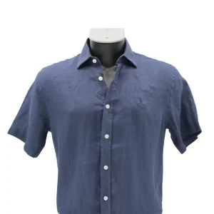 CAMISA LINO MANGA CORTA LISA DE COLOR AZUL MARINO