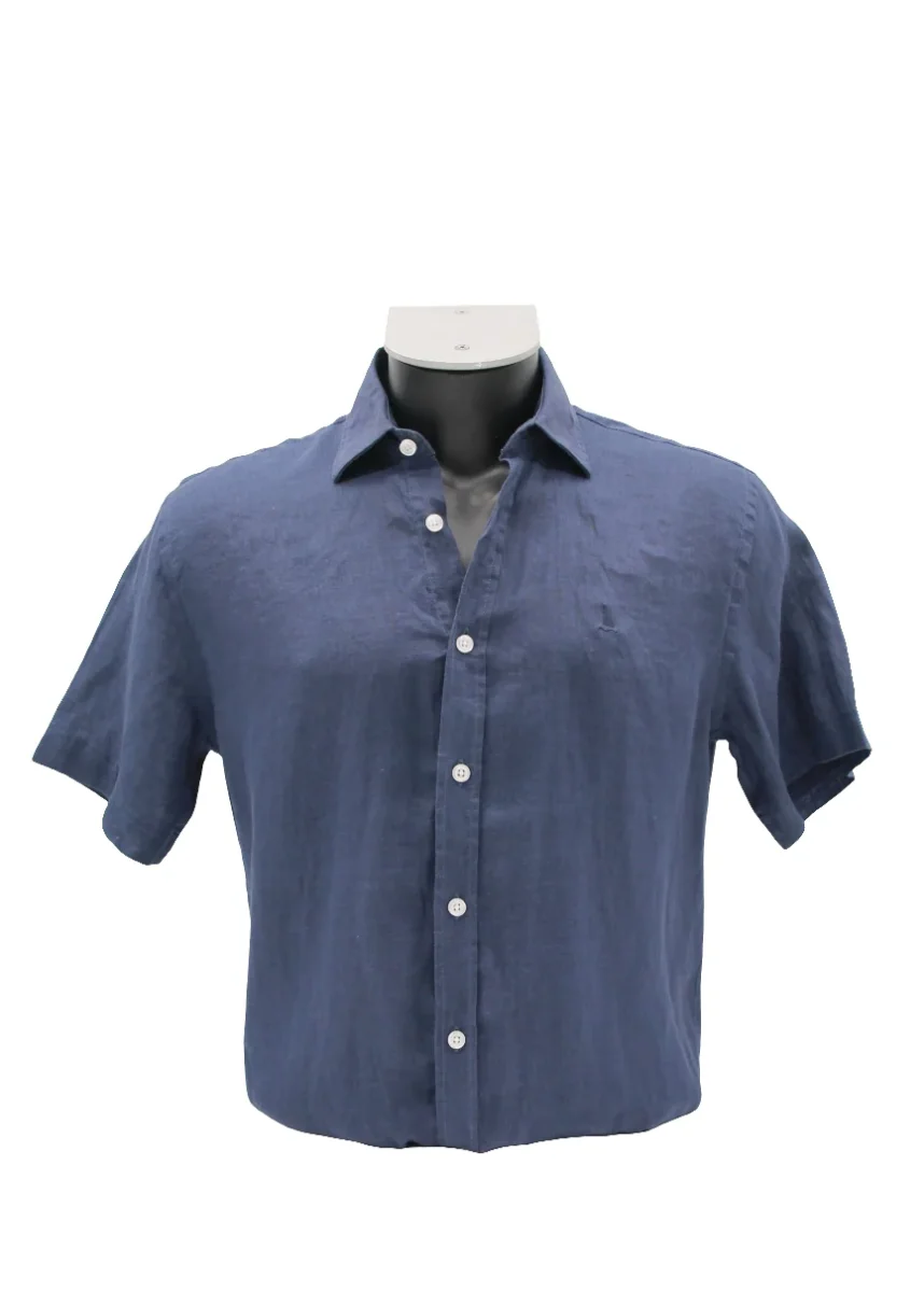 CAMISA LINO MANGA CORTA LISA DE COLOR AZUL MARINO - Imagen 2