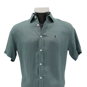 CAMISA LINO MANGA CORTA LISA DE COLOR VERDE GRISÁCEO
