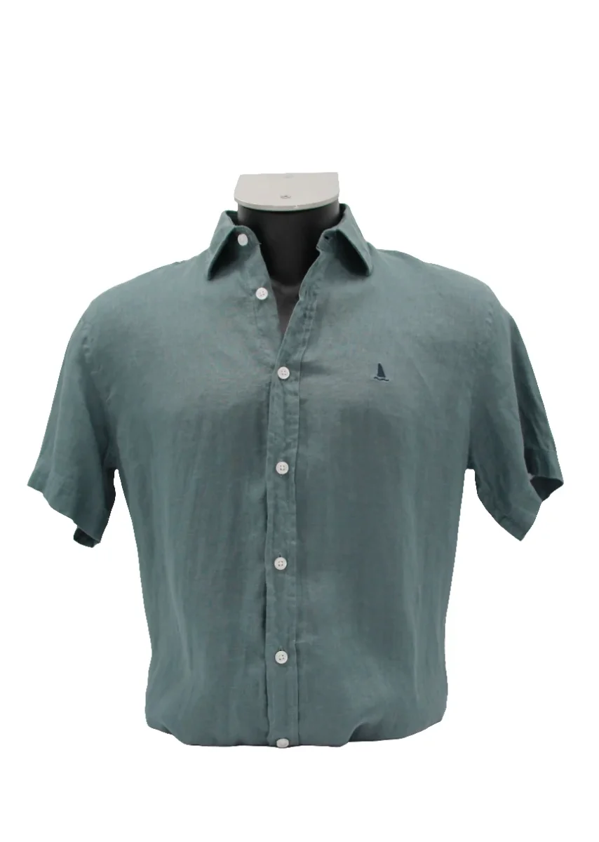 CAMISA LINO MANGA CORTA LISA DE COLOR VERDE GRISÁCEO - Imagen 2