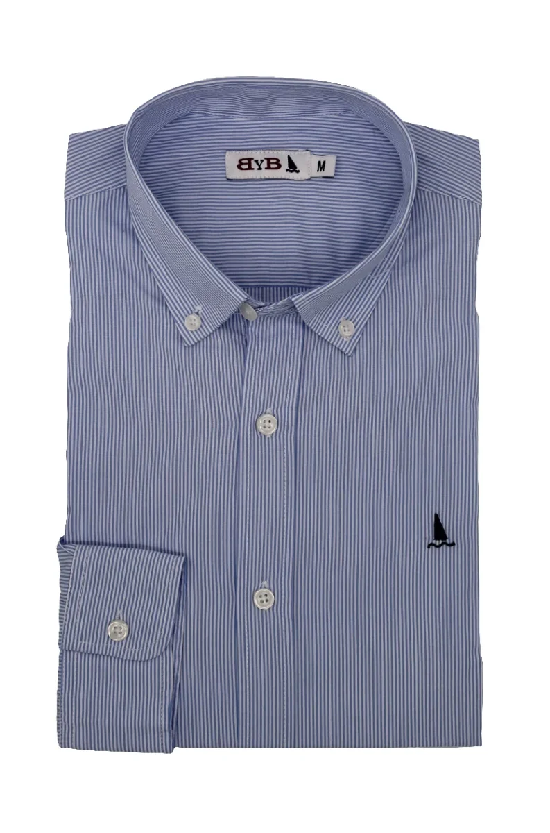 CAMISA RAYAS FINAS AZUL Y BLANCA / BOTONES EN EL CUELLO