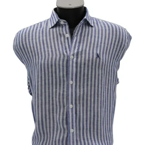 CAMISA LINO CON RAYAS ANCHAS AZULES OSCURAS Y BLANCAS