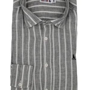 CAMISA LINO RAYAS ANCHAS GRIS VERDOSO
