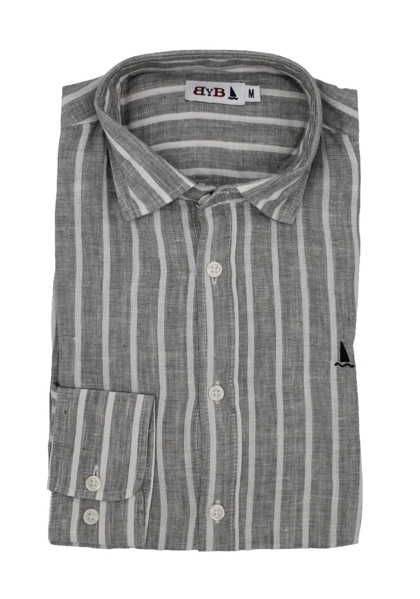 CAMISA LINO RAYAS ANCHAS GRIS VERDOSO - Imagen 2
