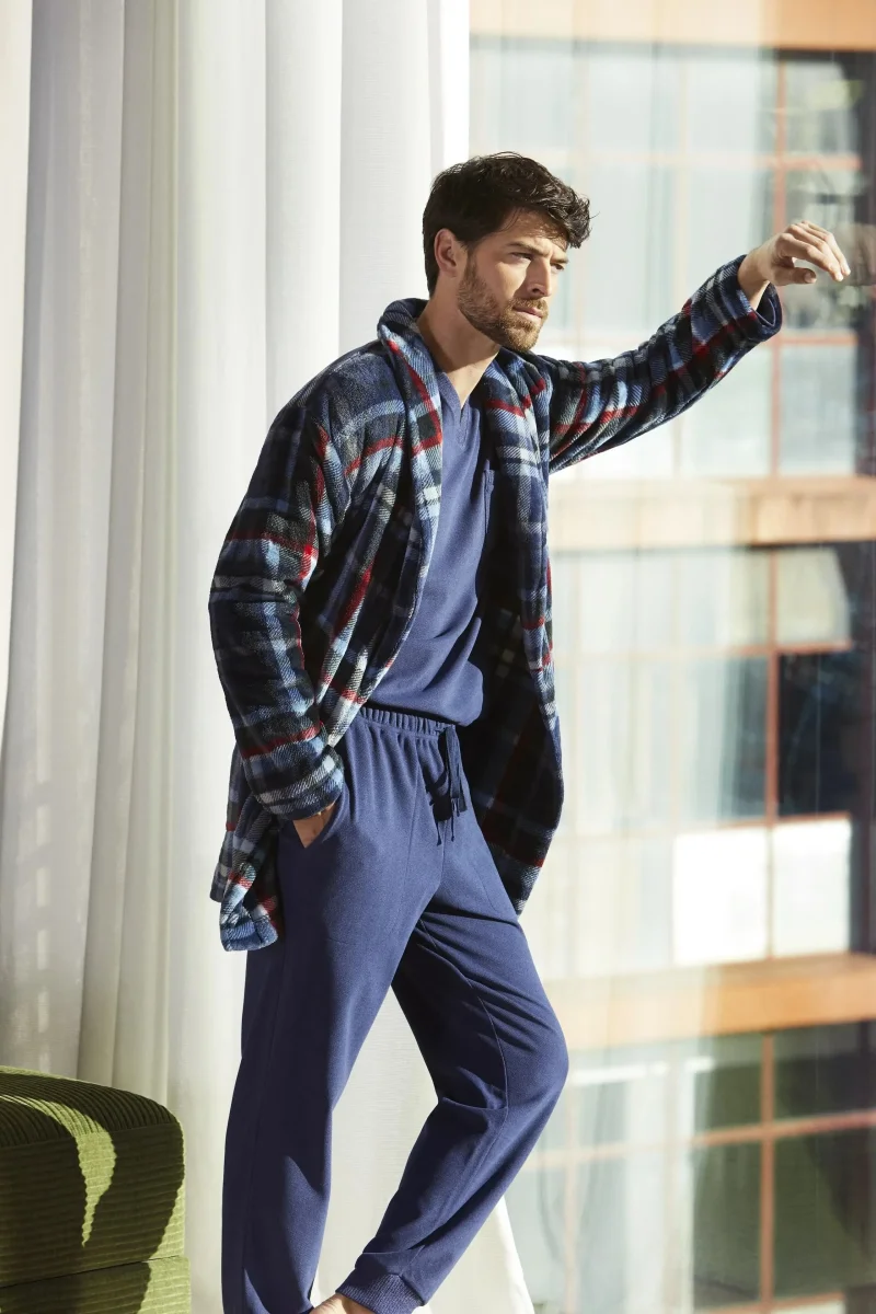 Bata hombre corta smoking cuadros azules - Imagen 3