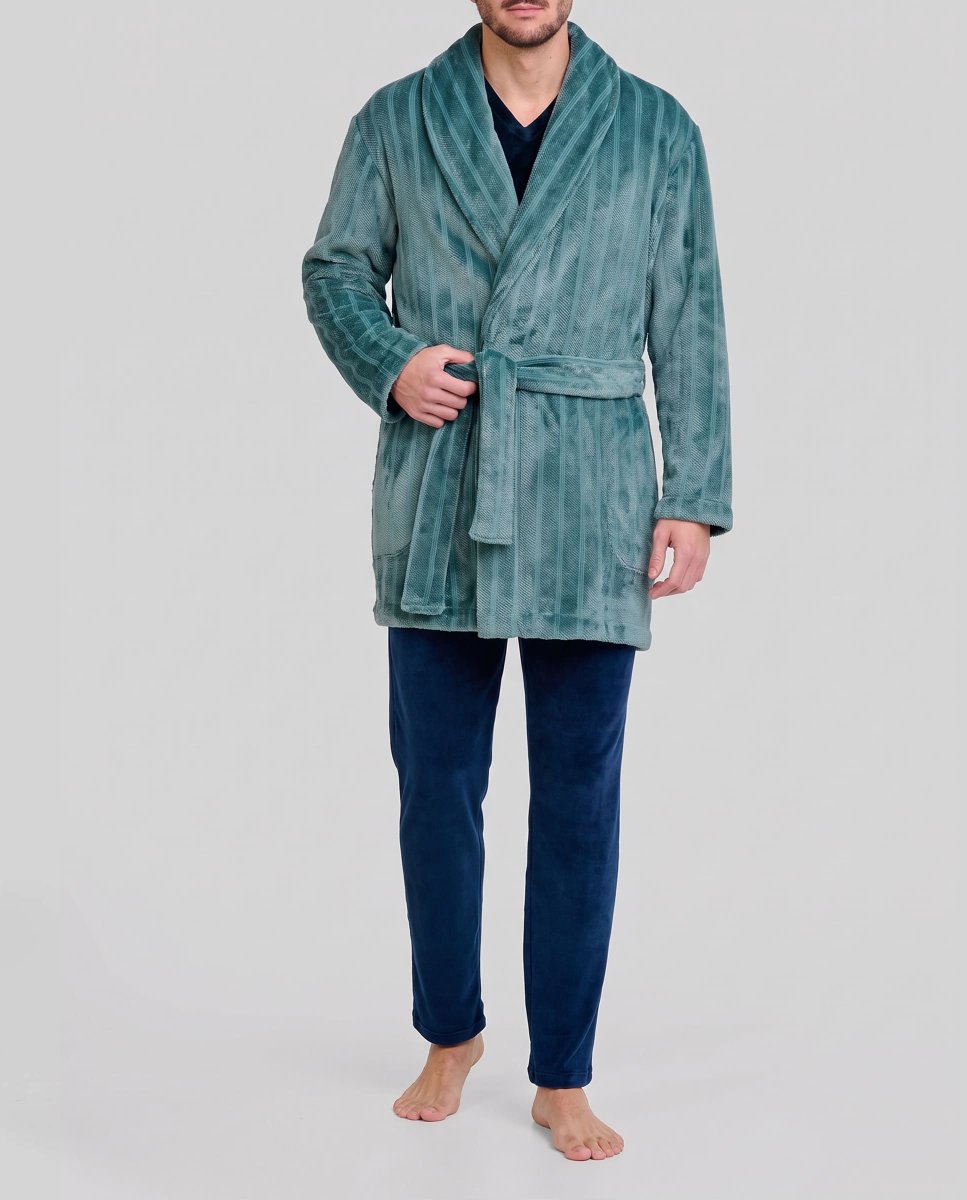 Bata corta hombre verde jacquard rayas - Imagen 3