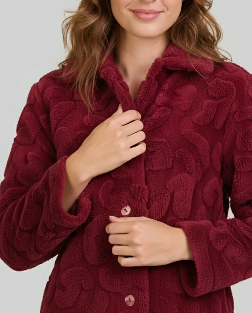 Bata larga mujer abotonada jacquard granate