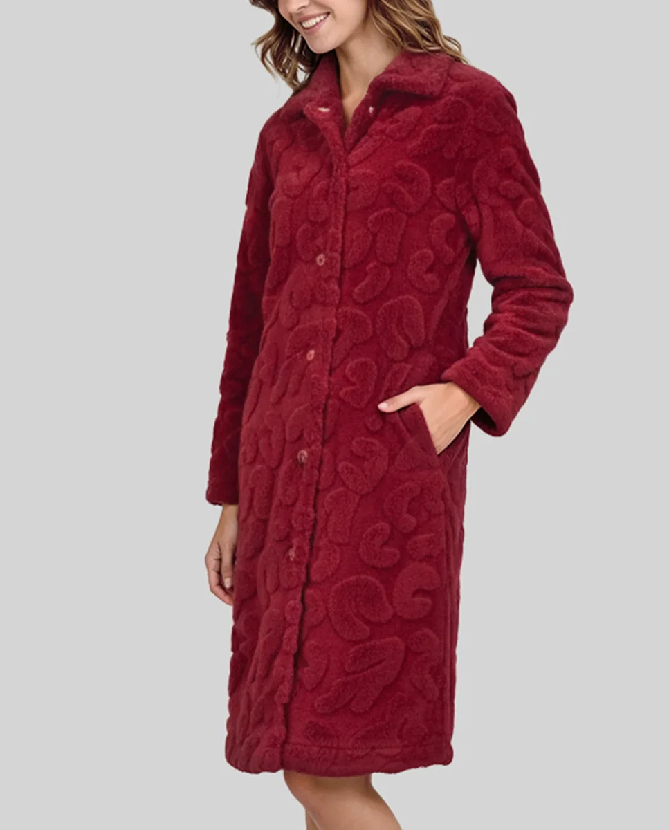 Bata larga mujer abotonada jacquard granate - Imagen 3
