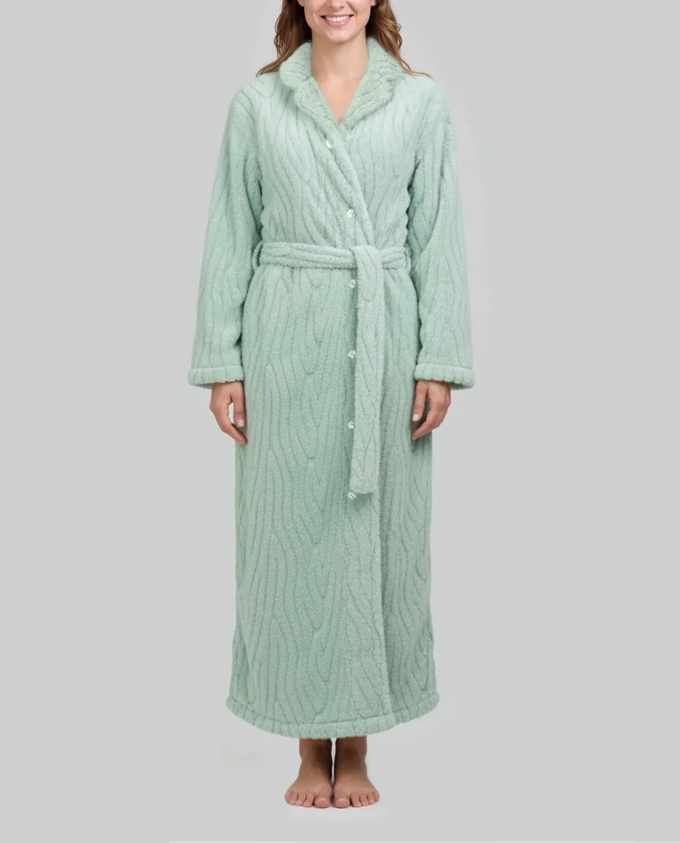 Bata larga de mujer abotonada jacquard verde - Imagen 3