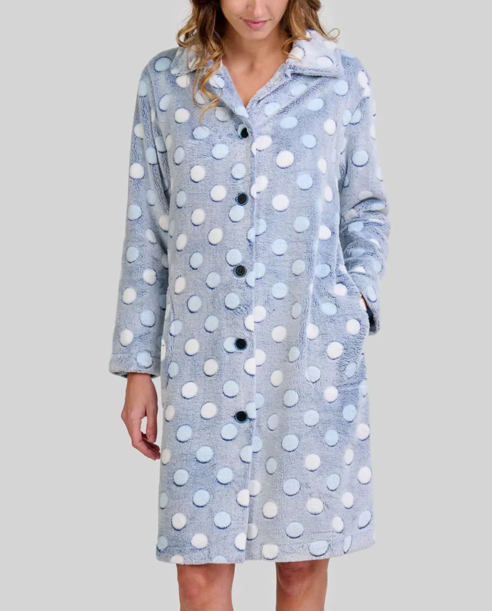 Bata mujer larga abierta botones celeste topos relieve - Imagen 3