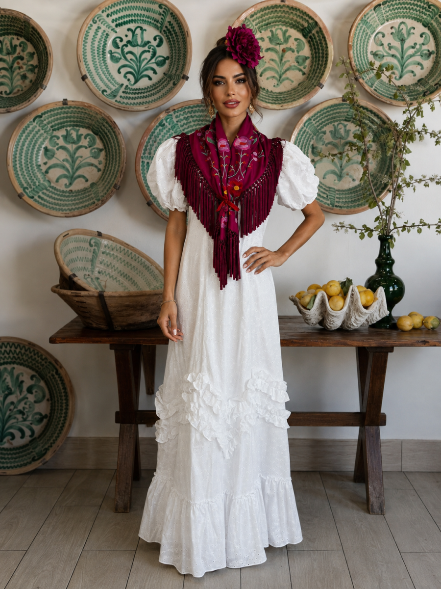 Bata Rociera Blanca en Algodón Perforado Premium y Confección Artesanal + Flor de Regalo