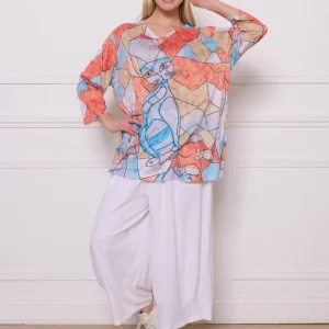 Blouse orange motif chat