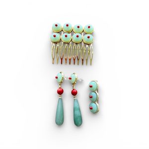 Conjunto de Flamenca «Jacinta»: Peinas, Pendientes y Broche en Verde Agua y Coral