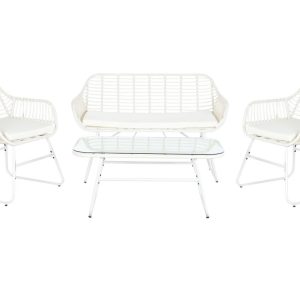 Conjunto Jardín Lounge Rattan Blanco con Mesa y Cojines