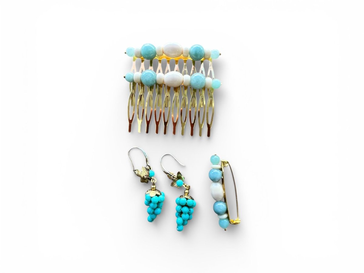 Conjunto de Flamenca «Mar» Turquesa y Blanco Nácar: Peinas, Pendientes Racimo y Broche